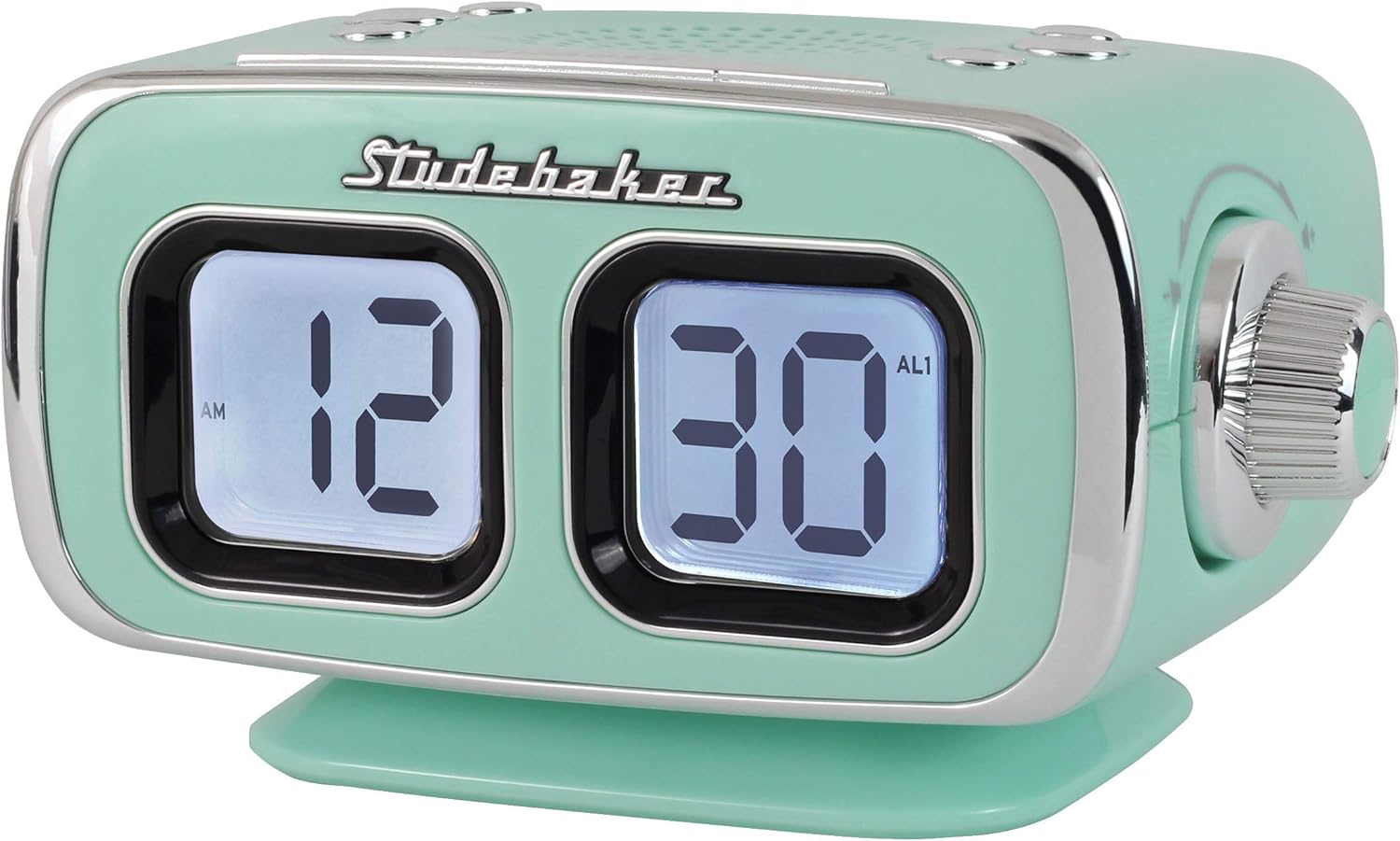 Studebaker Teal Retro Digital Alarm Clock on a bedside table