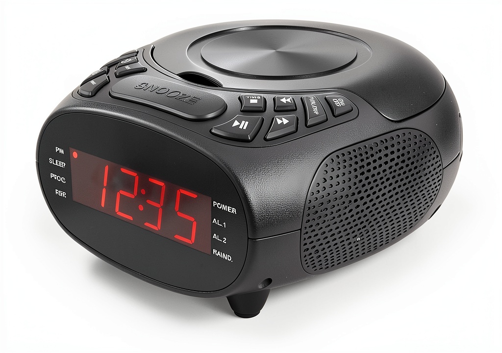 GPX Classic LED Alarm Clock Radio on a bedside table