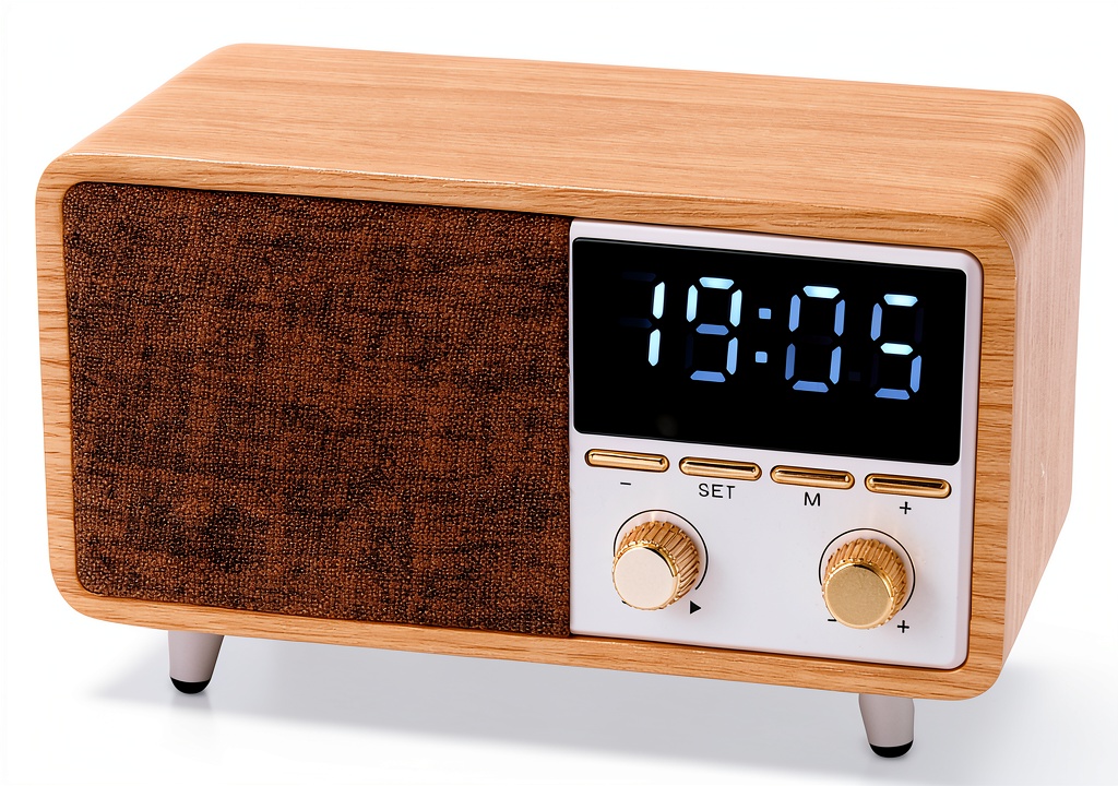 Installing Retro Bluetooth Clock Radio SFOOEOJ Wood Fabric on a wooden desk