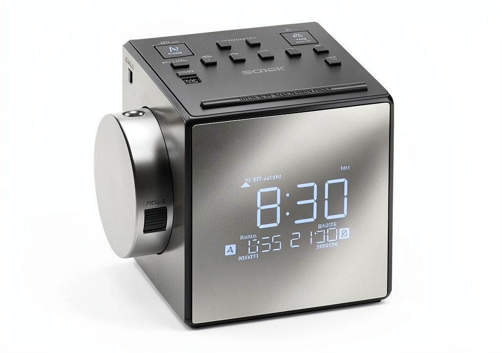 Sony Silver Digital Alarm Clock Radio on a bedside table