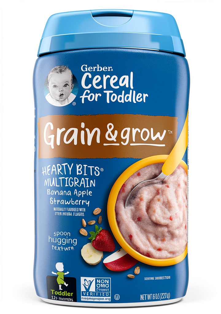 Gerber Whole Grain Baby Cereal 9g Whole Grains box opened on a kitchen counter with a spoon and a baby bottle nearby