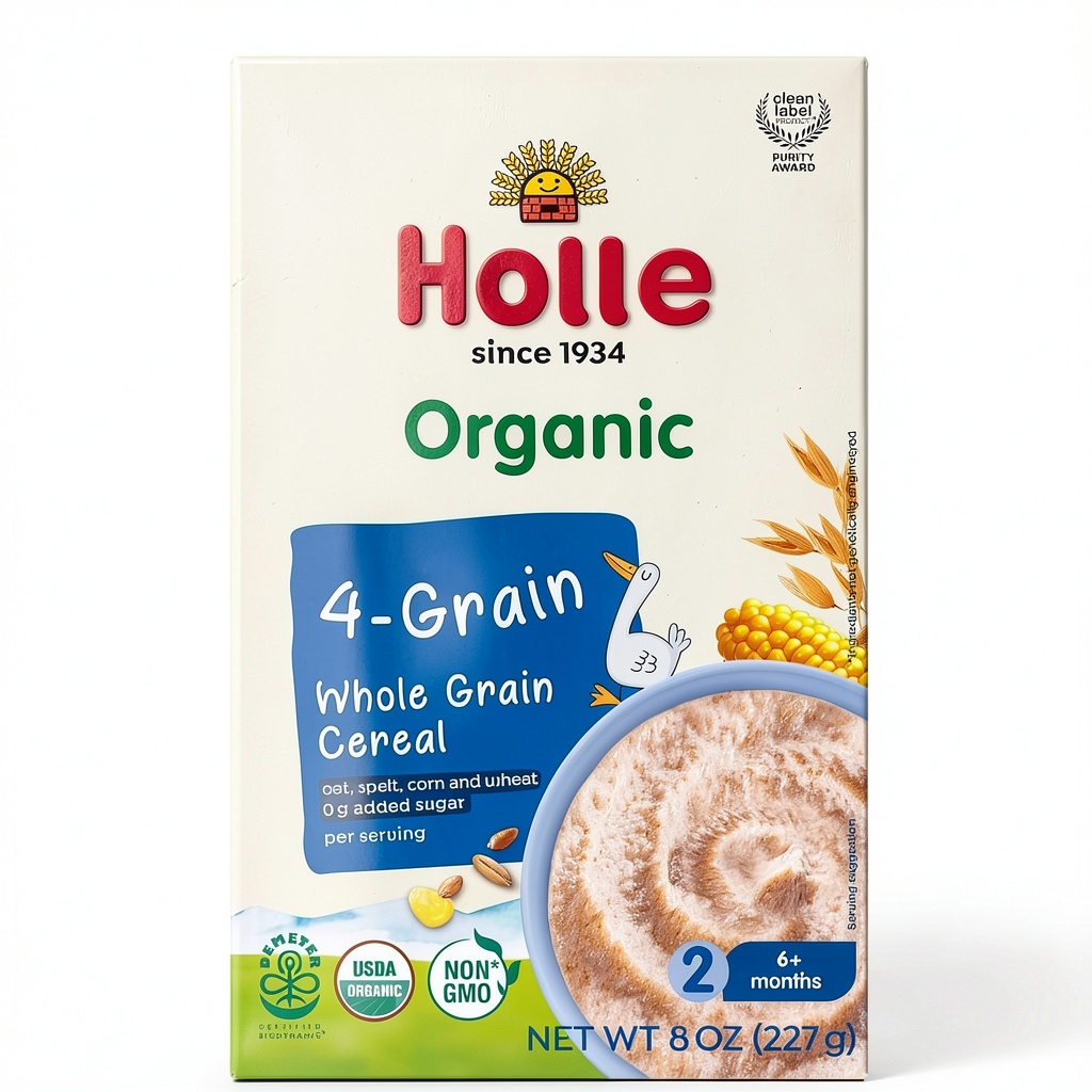 Holle Organic Baby Cereal prepared in a bowl with milk